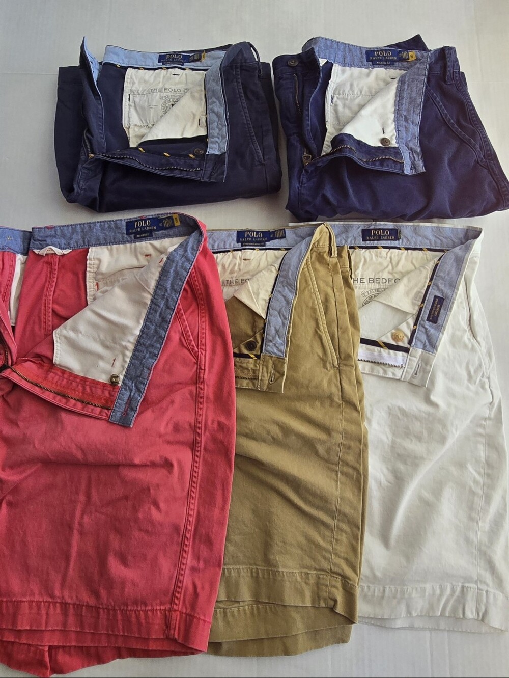 5 Pair Polo by Ralph Lauren Shorts in Red, Khaki, Navy (2), & Off-White, Size 42